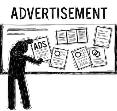 Illustrazione di una persona che affigge annunci pubblicitari su una bacheca