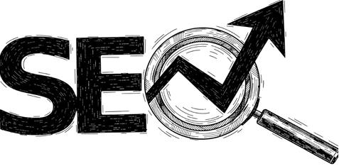 Illustrazione della sigla SEO con una lente d'ingrandimento e una freccia in crescita