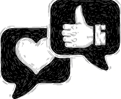 Illustrazione di un cuore e un pollice in su dentro due fumetti di commento